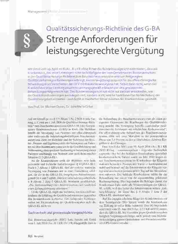 Vorschauseite 1: Qualitätssicherungs-Richtlinie des G-BA Strenge Anforderungen für leistungsgerechte Vergütung