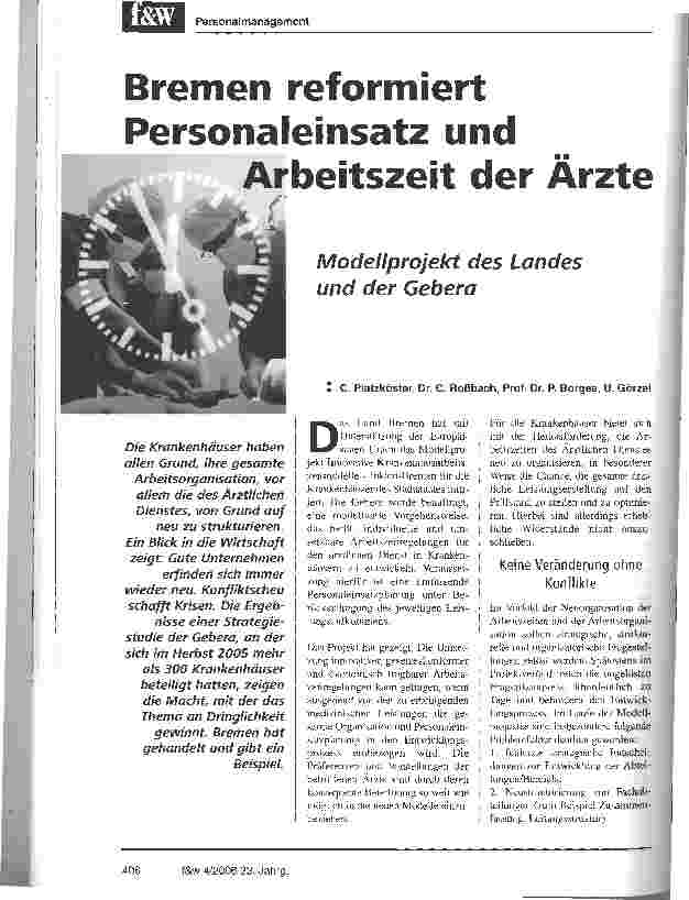 Vorschauseite 1: Bremen reformiert Personaleinsatz und Arbeitszeit der ÄrzteModellprojekt des Landes und der Gebera