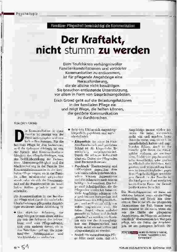 Vorschauseite 1: Der Kraftakt, nicht stumm zu werden Familiärer Pflegestreß beeinträchtigt die Kommunikation