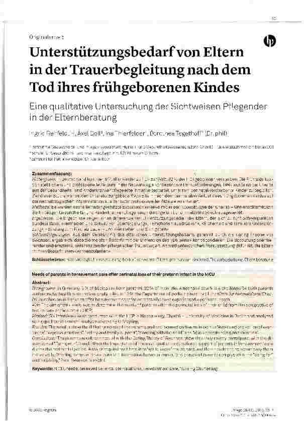 Vorschauseite 1: Unterstützungsbedarf von Eltern in der Trauerbegleitung nach dem Tod ihres frühgeborenen Kindes