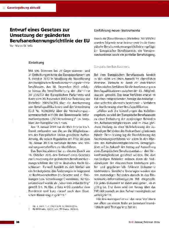 Vorschauseite 1: Entwurf eines Gesetzes zur Umsetzung der geänderten Berufsanerkennungsrichtlinie der EU