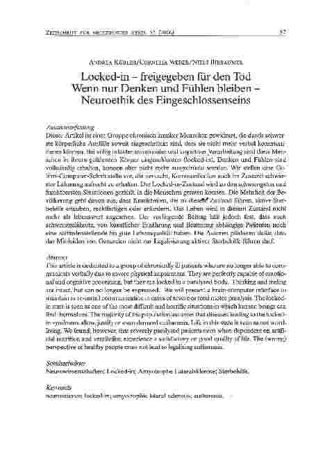 Vorschauseite 1: Locked-in - freigegeben für den TodWenn nur Denken und Fühlen bleiben -Neuroethik des Eingeschlossenseins