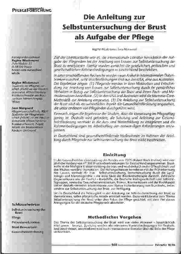 Vorschauseite 1: Die Anleitung zur Selbstuntersuchung der Brust als Aufgabe der Pflege