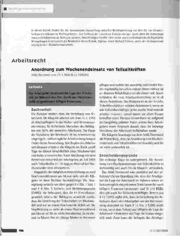 Vorschauseite 1: Anordnung zum Wochenendeinsatz von TeilzeitkräftenArbG Dortmund vom 22.3.2006 (8 Ca 5508/05)