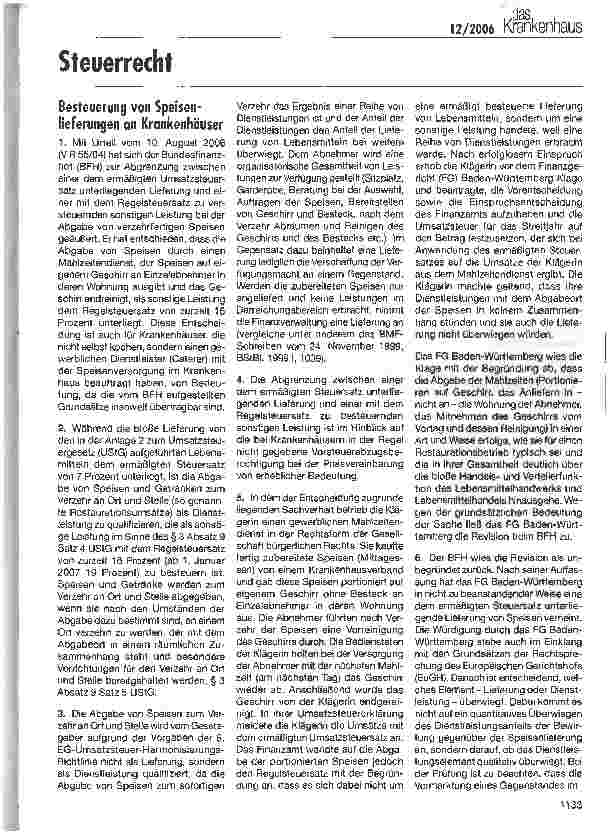Vorschauseite 1: Besteuerung von Speisenlieferungen an Krankenhäuser