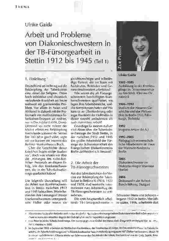 Vorschauseite 1: Arbeit und Probleme von Diakonieschwestern in derTB-Fürsorgearbeit in Stettin 1912 bis 1945 (Teil 1)