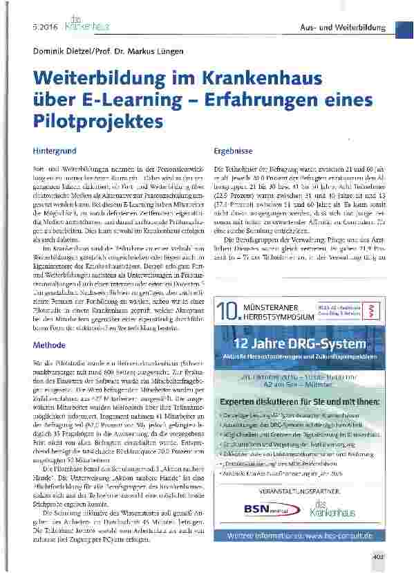 Vorschauseite 1: Weiterbildung im Krankenhaus über E-Learning - Erfahrungen eines Pilotprojektes