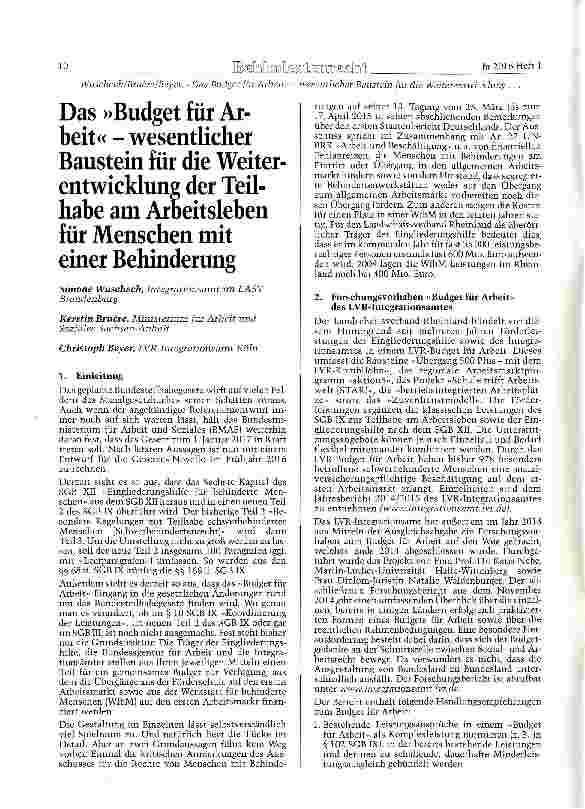 Vorschauseite 1: Das »Budget für Arbeit« wesentlicher Baustein für die Weiterentwicklung der Teilhabe am Arbeitsleben für Menschen mit einer Behinderung