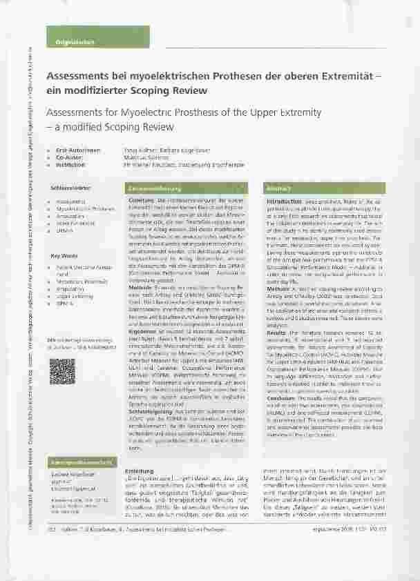 Vorschauseite 1: Assessments bei myoelektrischen Prothesen der oberen Extremität ein modifizierter Scoping Review