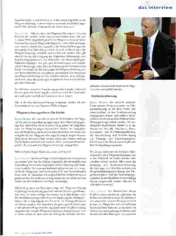 Vorschauseite 2: Das politische Interview: BERND MEURER IM GESPRACH MIT DER BUNDESGESUNDHEITSMINISTERIN ULLA SCHMIDT ÜBER DIE ZUKUNFT UND FINANZIERUNG DER PFLEGEVERSICHERUNG
