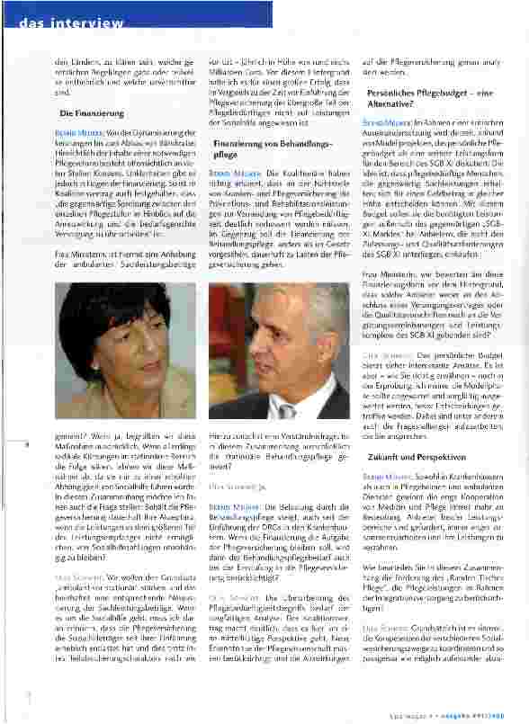 Vorschauseite 3: Das politische Interview: BERND MEURER IM GESPRACH MIT DER BUNDESGESUNDHEITSMINISTERIN ULLA SCHMIDT ÜBER DIE ZUKUNFT UND FINANZIERUNG DER PFLEGEVERSICHERUNG