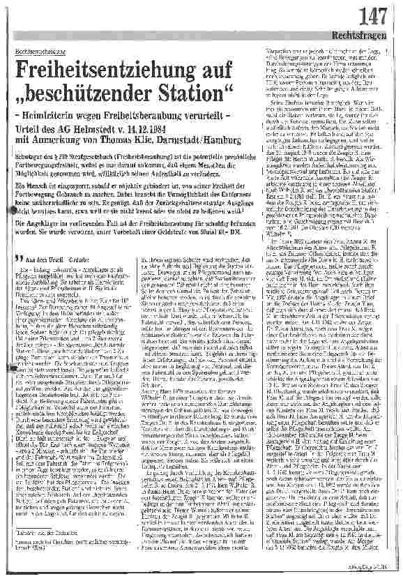 Vorschauseite 1: Freiheitsentziehung auf beschützender Station -Heimleiterin wegen Freiheitsberaubung verurteilt-