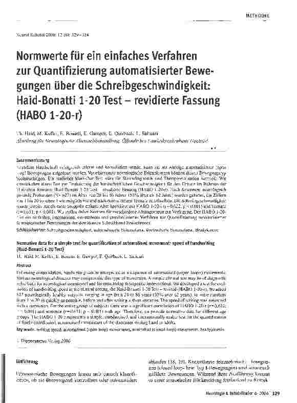 Vorschauseite 1: Normwerte für ein einfaches Verfahren zur Quantifizierung automatisierter Bewegungen über die Schreibgeschwindigkeit: Haid-Bonatti 1-20 Test - revidierte Fassung (HABO 1-20-r)