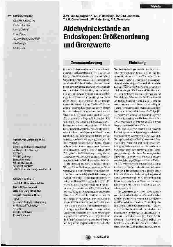Vorschauseite 1: Aldehydrückstände an Endoskopen: Größenordnung und Grenzwerte
