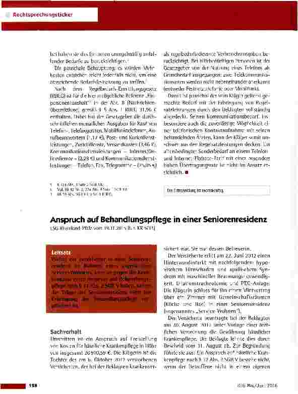 Vorschauseite 1: Anspruch auf Bchandlungspf lege in einer Seniorenresidenz LSG Rheinland-Pfalz vom 19.11.2015 (L 5 KR 5/15)