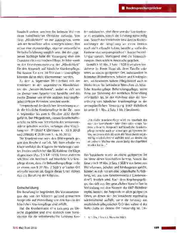 Vorschauseite 2: Anspruch auf Bchandlungspf lege in einer Seniorenresidenz LSG Rheinland-Pfalz vom 19.11.2015 (L 5 KR 5/15)