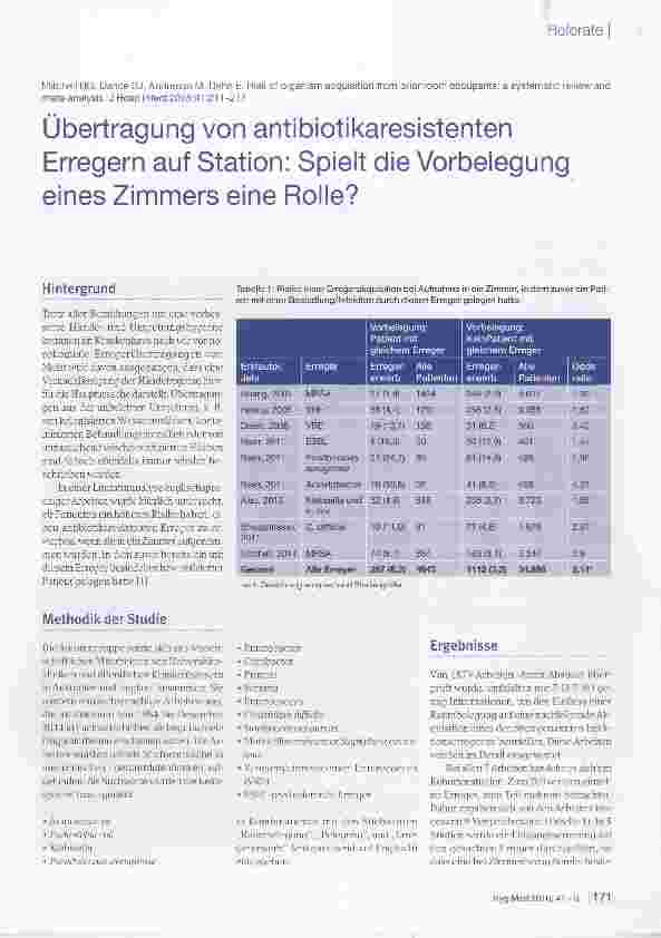 Vorschauseite 1: Übertragung von antibiotikaresistenten Erregern auf Station: Spielt die Vorbelegung eines Zimmers eine Rolle?