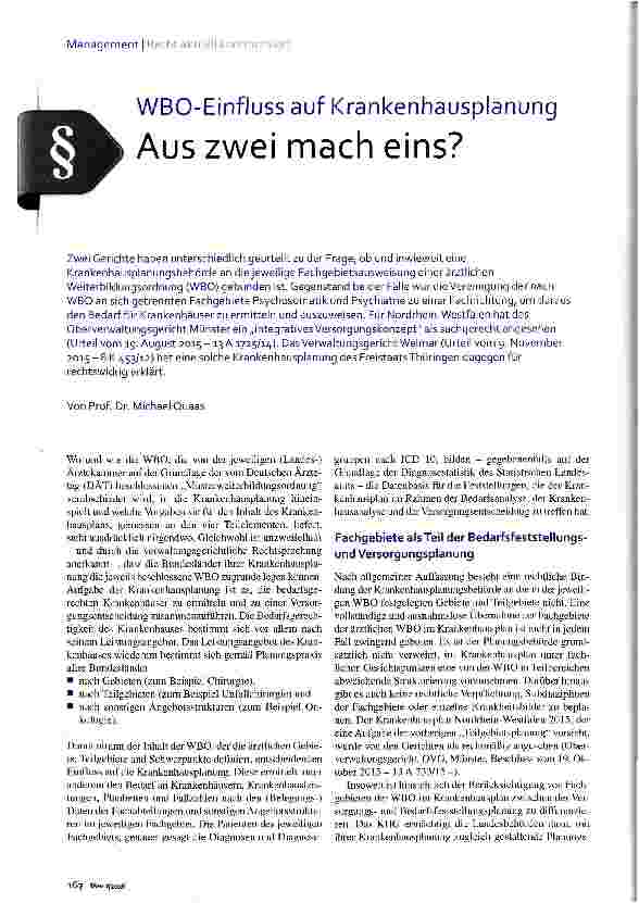 Vorschauseite 1: WBO-Einfluss auf Krankenhausplanung Aus zwei mach eins?