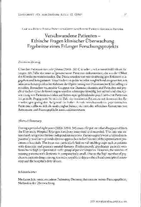 Vorschauseite 1: Verschwundene Patienten - Ethische Fragen klinischer ÜberwachungErgebnisse eines Erlanger Forschungsprojekts
