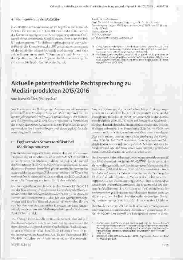 Vorschauseite 1: Aktuelle patentrechtliche Rechtsprechung zu Medizinprodukten 2015/2016
