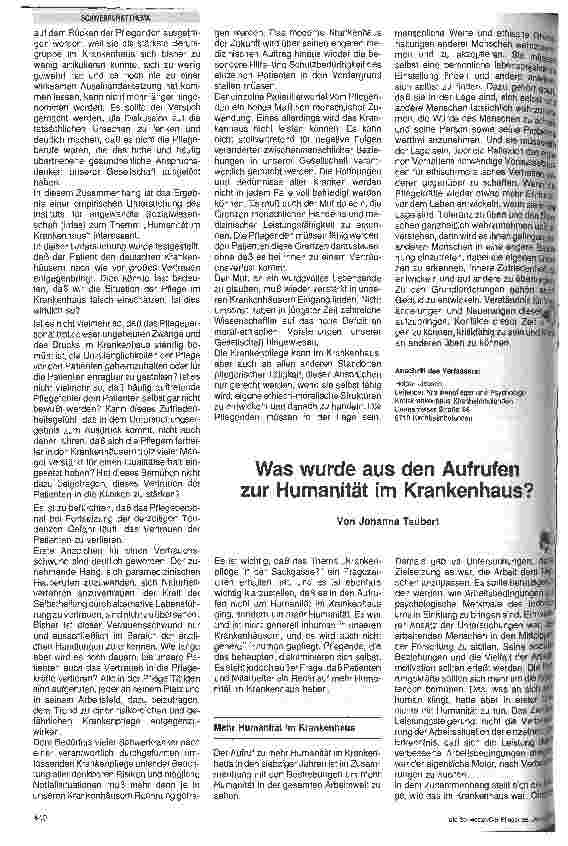 Vorschauseite 1: Was wurde aus den Aufrufen zur Humanität im Krankenhaus
