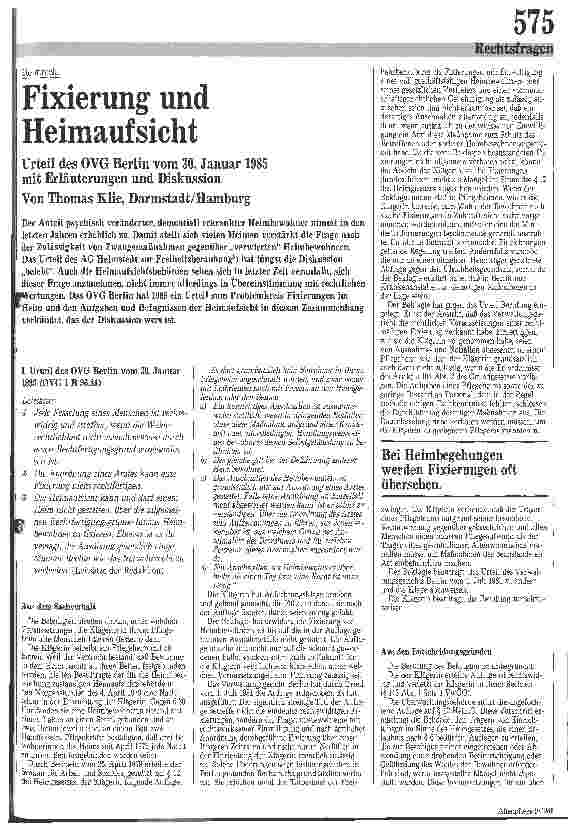 Vorschauseite 1: Fixierung und Heimaufsicht / Urteil des OVG Berlin vom 30.01.1985