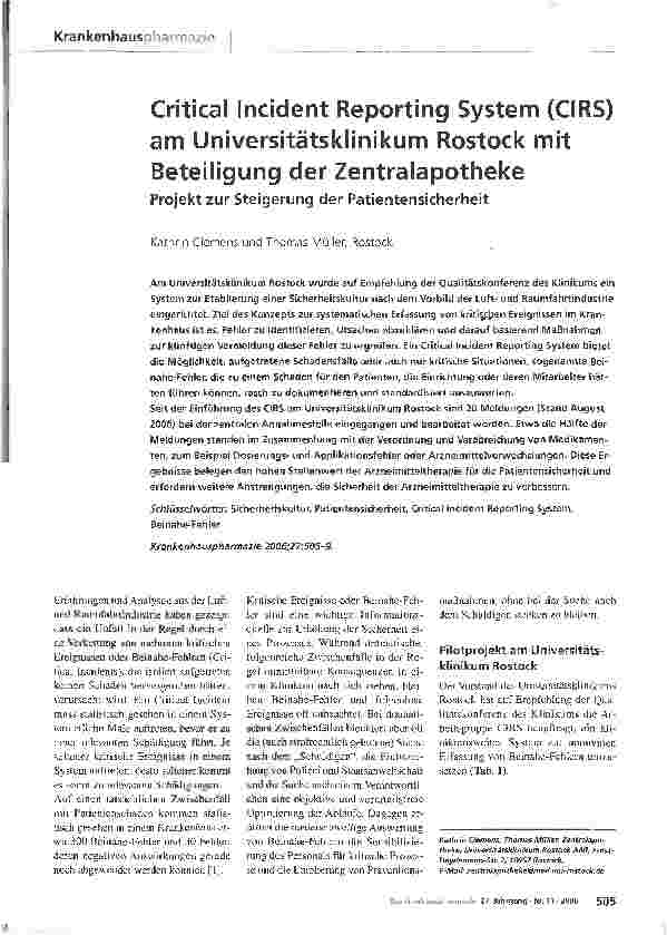 Vorschauseite 1: Critical Incident Reporting System (CIRS) am Universitätsklinikum Rostock mit Beteiligung der Zentralapotheke - Projekt zur Steigerung der Patientensicherheit
