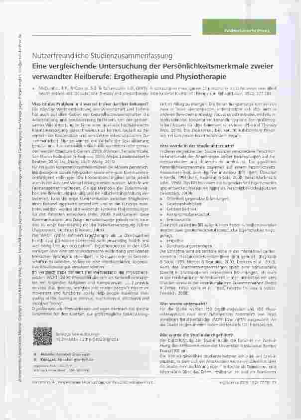 Vorschauseite 1: Eine vergleichende Untersuchung der Persönlichkeitsmerkmale zweier verwandter Heilberufe: Ergotherapie und Physiotherapie
