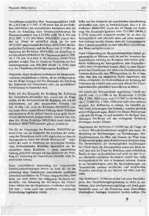 Vorschauseite 2: Zur Befugnis des Inhabers der Zulassung eines Original-Arzneimittels, die Zulassung eines Generikums anzufechten