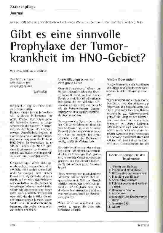 Vorschauseite 1: Gibt es eine sinnvolle Prophylaxe der Tumorkrankheit im HNO-Gebiet?