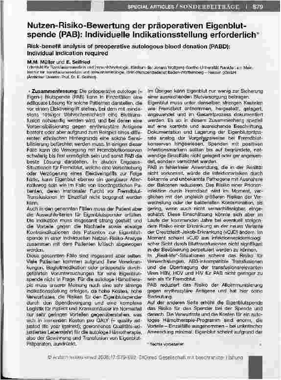 Vorschauseite 1: Nutzen-Risiko-Bewertung der präoperativen Eigenblutspende (PAB): Individuelle Indikationsstellung erforderlich