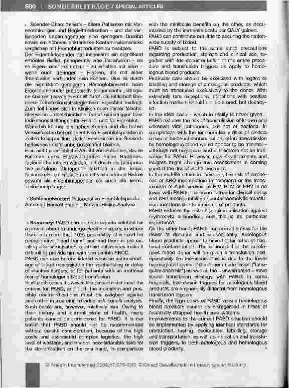 Vorschauseite 2: Nutzen-Risiko-Bewertung der präoperativen Eigenblutspende (PAB): Individuelle Indikationsstellung erforderlich