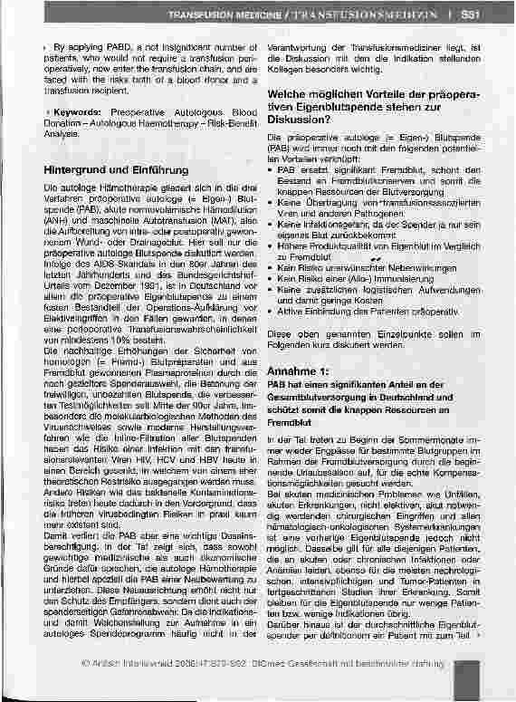 Vorschauseite 3: Nutzen-Risiko-Bewertung der präoperativen Eigenblutspende (PAB): Individuelle Indikationsstellung erforderlich