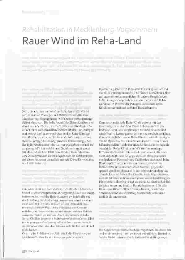 Vorschauseite 1: Rehabilitation in Mecklenburg-Vorpommern Rauer Wind im Reha-Land