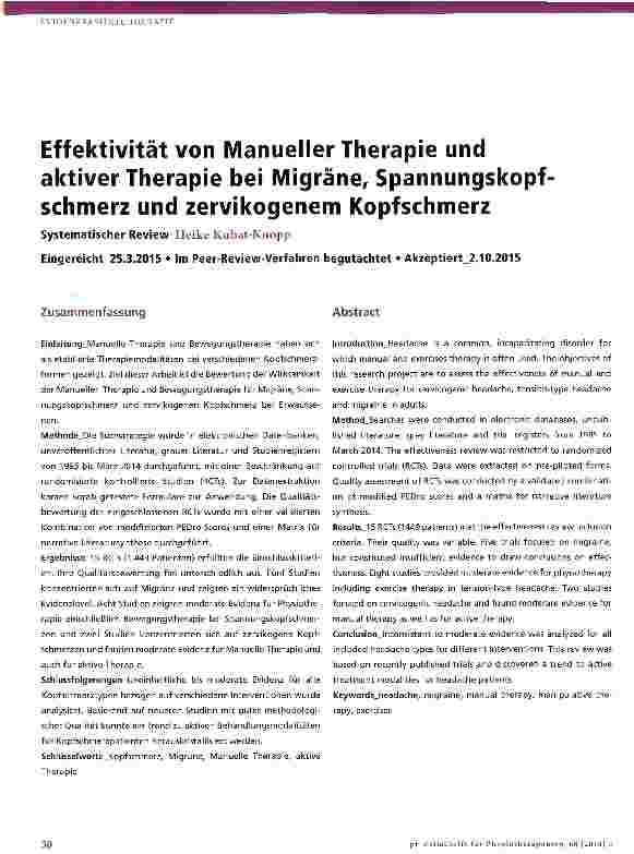 Vorschauseite 1: Effektivität von Manueller Therapie und aktiver Therapie bei Migräne, Spannungskopf schmerz und zervikogenem Kopfschmerz
