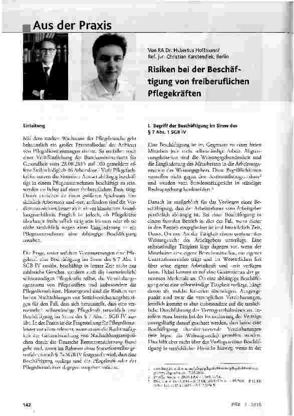 Vorschauseite 1: Risiken bei der Beschäftigung von freiberuflichen Pflegekräften