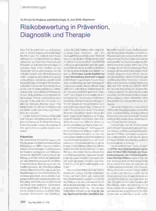 Vorschauseite 1: 13. Forum für Hygiene und Infektiologie, 8. Juni 2016, MannheimRisikobewertung in Prävention, Diagnostik und Therapie