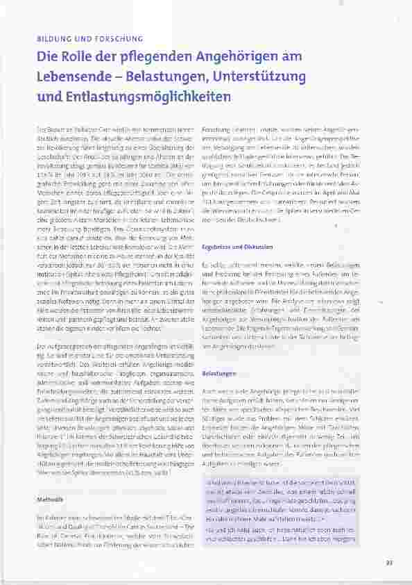 Vorschauseite 1: Die Rolle der pflegenden Angehörigen am Lebensende Belastungen, Unterstützung und Entlastungsmöglichkeiten