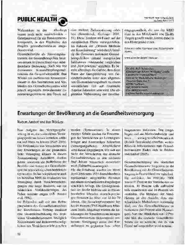 Vorschauseite 1: Erwartungen der Bevölkerung an die Gesundheitsversorgung