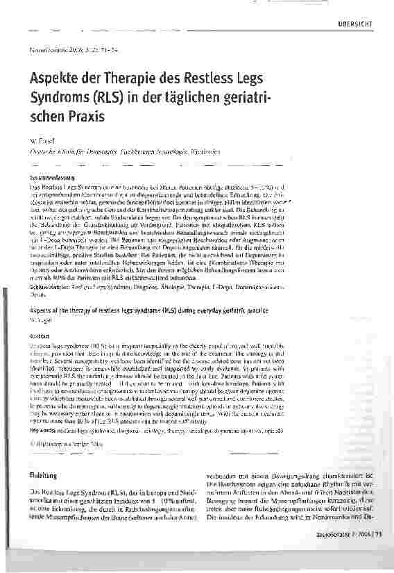 Vorschauseite 1: Aspekte der Therapie des Restless Legs Syndroms (RLS) in der täglichen geriatrisehen Praxis