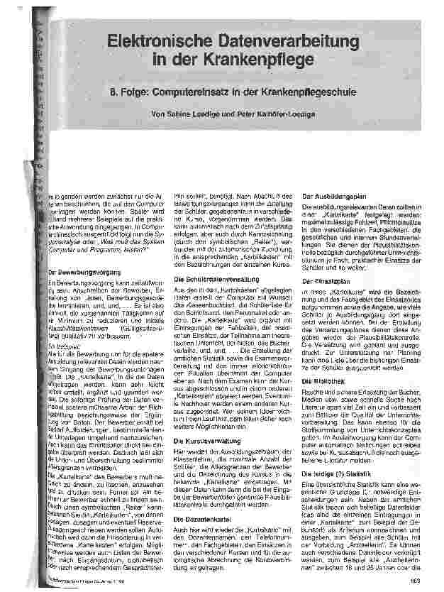 Vorschauseite 1: Elektronische Datenverarbeitung in der Krankenpflege 8. Folge: Computereinsatz in der Krankenpflegeschule
