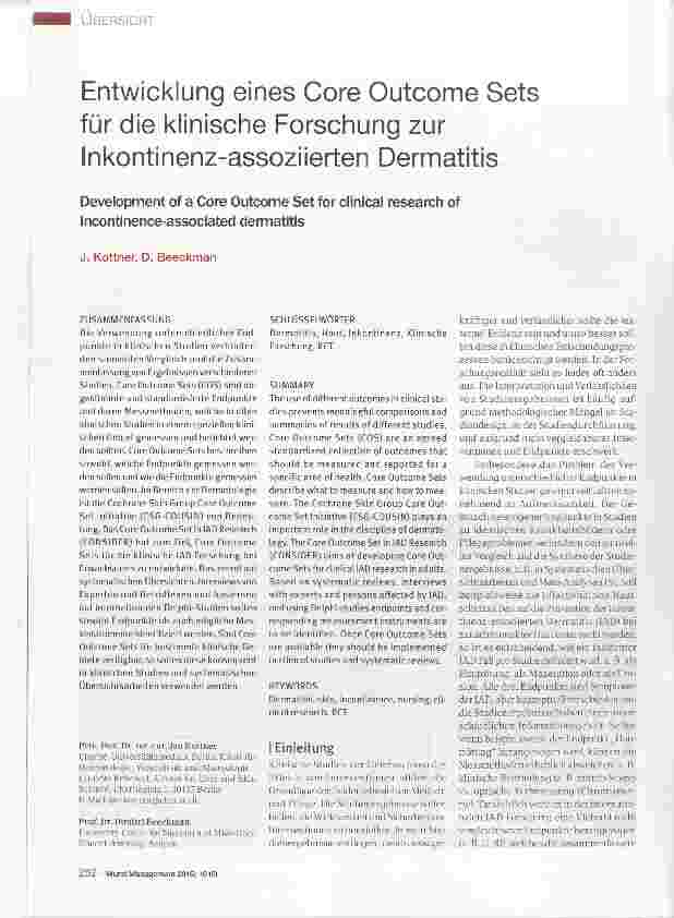 Vorschauseite 1: Entwicklung eines Core Outcome Sets für die klinische Forschung zur Inkontinenzassoziierten Dermatitis