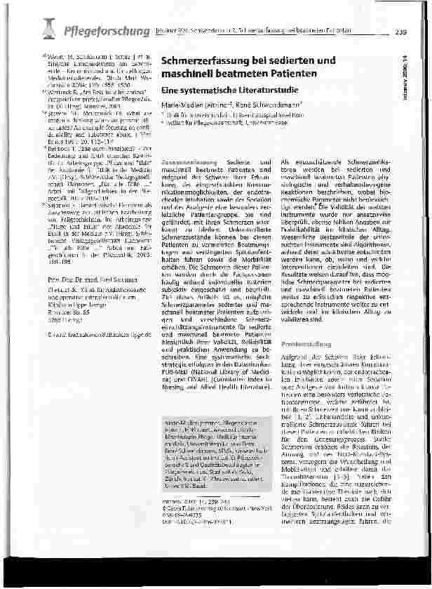 Vorschauseite 1: Schmerzerfassung bei sedierten und maschinell beatmeten Patienten - Eine systematische Literaturstudie