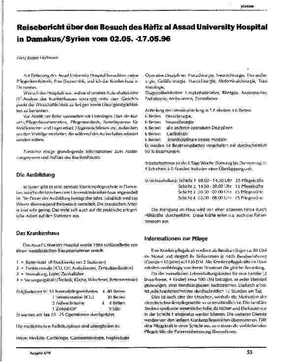 Vorschauseite 1: Reisebericht über den Besuch des Häfiz al Assad University Hospital in Damaskus/Syrien vom 02.05.-17.05.96