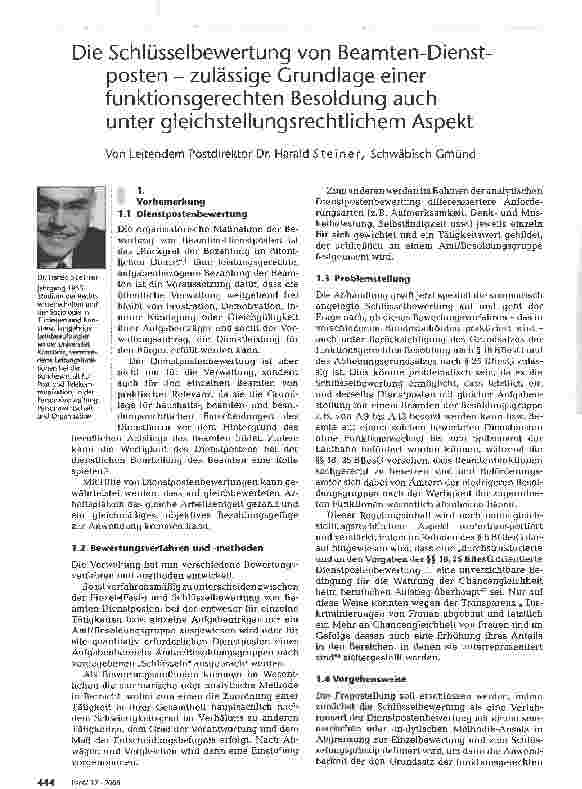 Vorschauseite 1: Die Schlüsselbewertung von Beamten-Dienstposten - zulässige Grundlage einer funktionsgerechten Besoldung auch unter gleichstellungsrechtlichem Aspekt