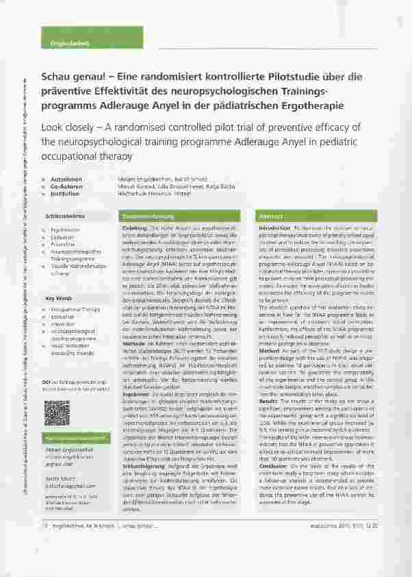 Vorschauseite 1: Schau genau! Eine randomisiert kontrollierte Pilotstudie über die präventive Effektivität des neuropsychologischen Trainingsprogramms Adlerauge Anyel in der pädiatrischen Ergother…