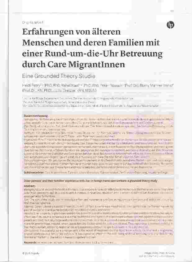 Vorschauseite 1: Erfahrungen von älteren Menschen und deren Familien mit einer Rund-um-die-Uhr Betreuung durch Care Migrantinnen