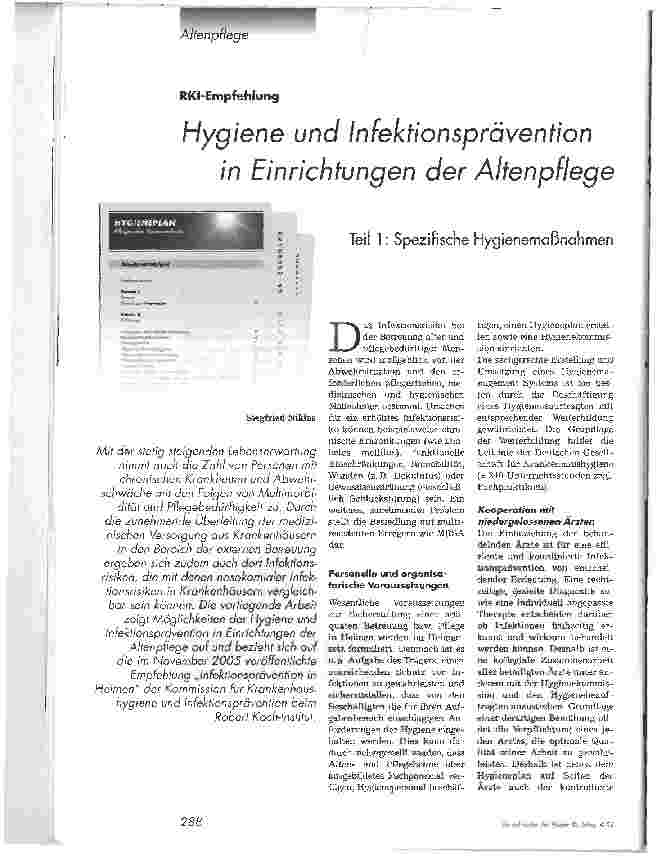 Vorschauseite 1: Hygiene und Infektionsprävention in Einrichtungen der AltenpflegeTeil 1: Spezifische Hygienemaßnahmen