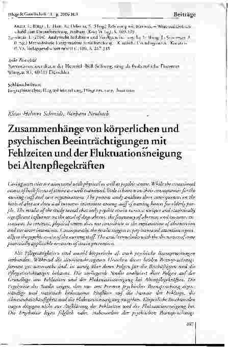 Vorschauseite 1: Zusammenhänge von körperlichen und psychischen Beeinträchtigungen mit Fehlzeiten und der Fluktuationsneigung bei Altenpflegekräften