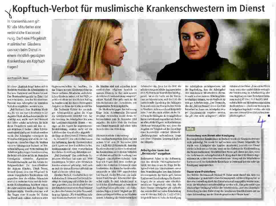 Vorschauseite 1: Kopftuch-Verbot für muslimische Krankenschwestern im Dienst